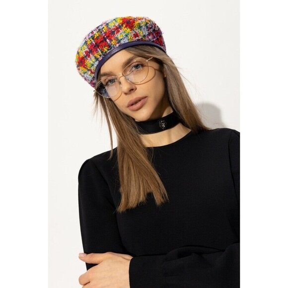 NWT GUCCI LAME BERET CAP Check Lame Sz S Multicolour Violet Tweed - Picture 2 of 12